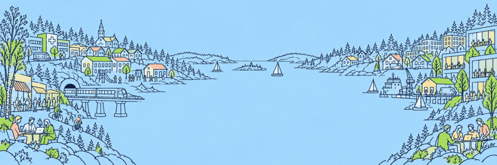Hem 0. omni blå samhällsillustration med gröna accentfärger